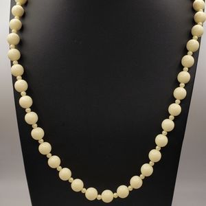 Vintage Cream Acrylic Beaded Necklace Faux Off-White Opaque Barrel Clasp Jewelry
